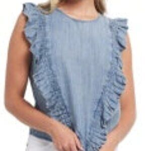New with Tags Tribal Sleeveless Blouse with Ruffles and Front Tie-Blue Chambray